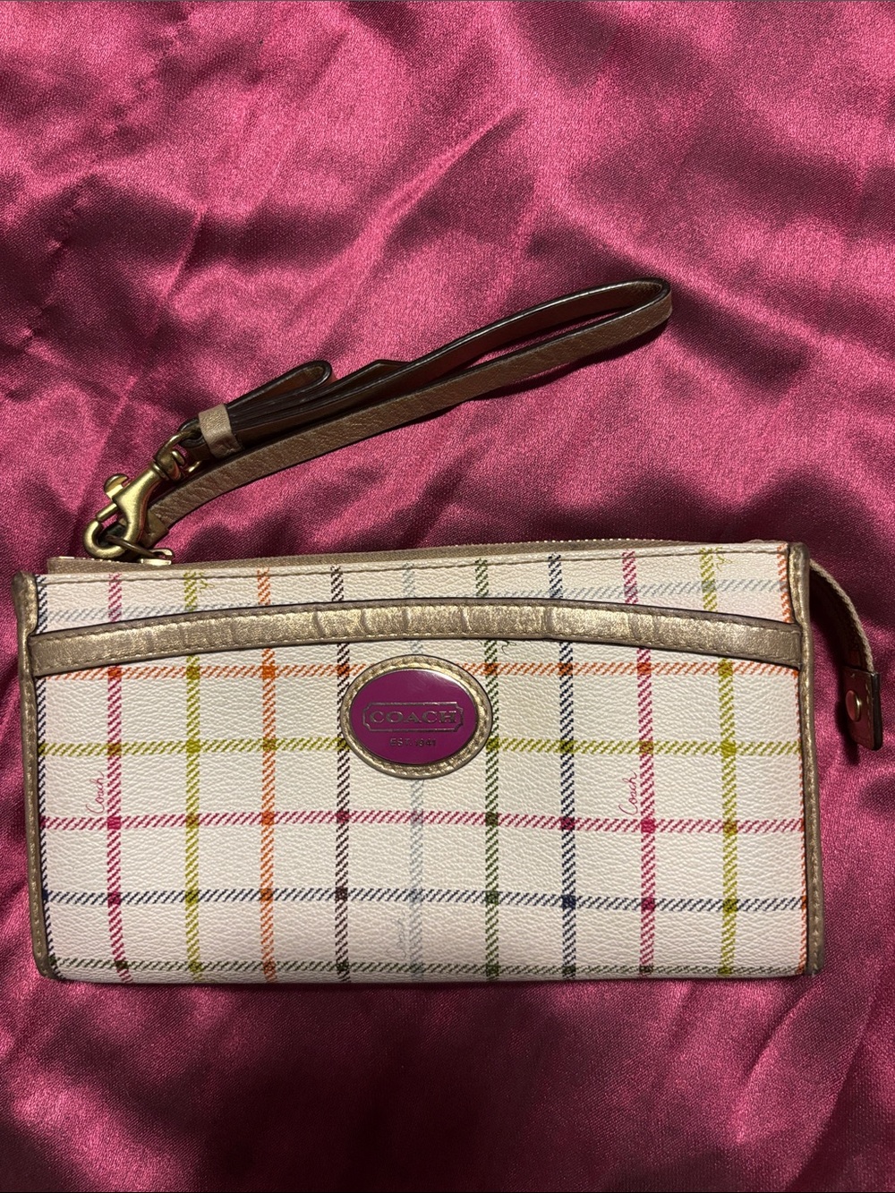 Vintage Y2K Coach Peyton Tattersall Plaid Wristlet with Pink Logo and Gold Trim